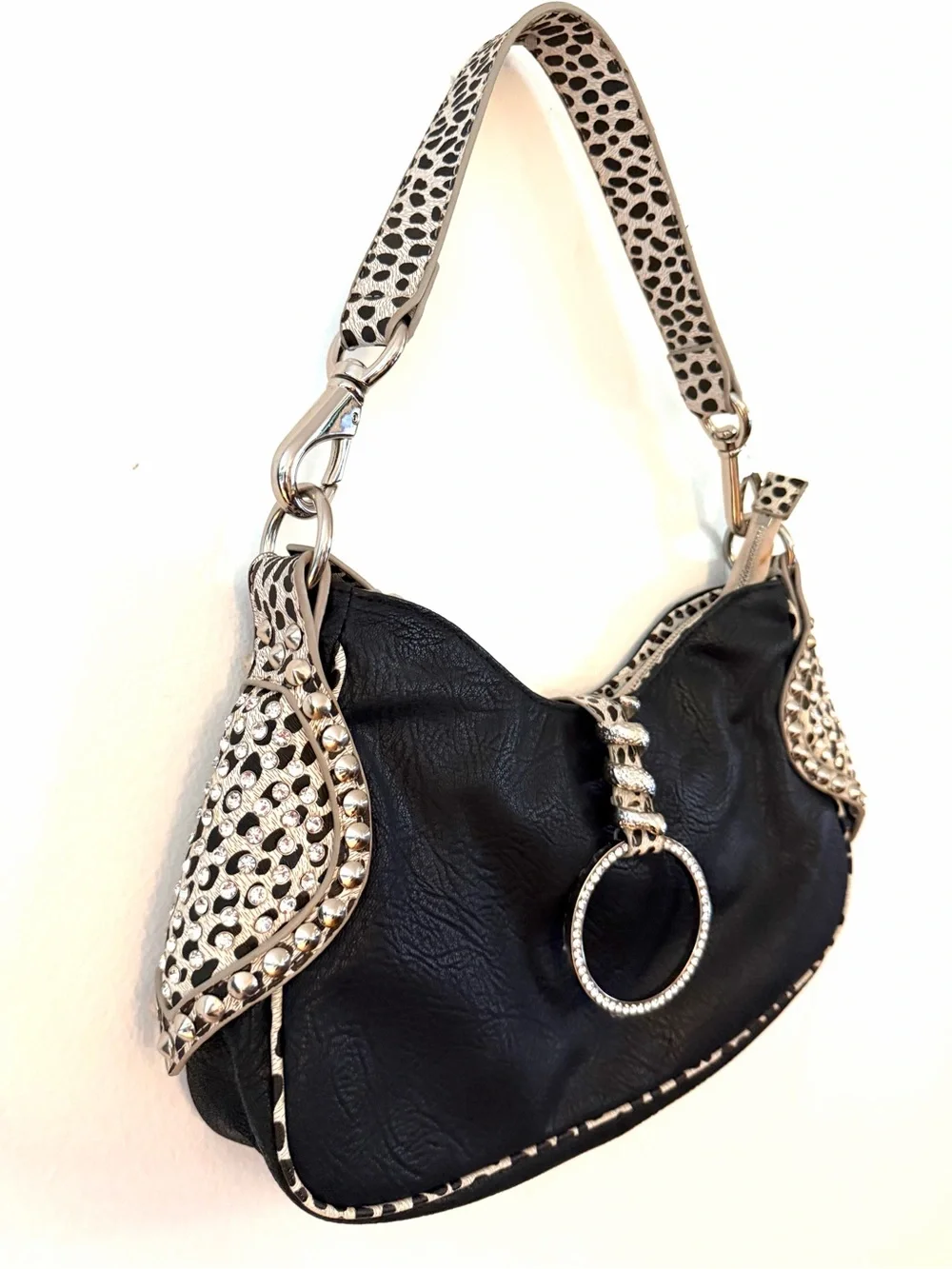 Vintage Hobo Purse Shoulder Bag Silver Studs Bling Snake Cheetah Black White Y2K